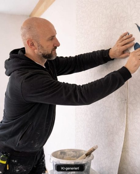 Handwerker glättet frisch angebrachte Tapete mit einem Tapezierspachtel – KI-generiertes Bild